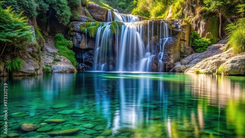 natural, outdoor, small, refreshing, cascades, beauty, crystal-clear, reflecting, serene, A small cascading waterfall gracefully plunging into a reflective pool of crystal clear water