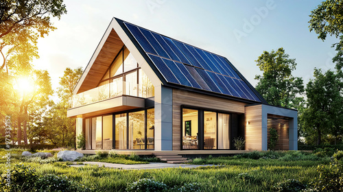 Cinematic shot of a stylish modern house with solar panels, with a backdrop of a clear blue sky and radiant sunlight, emphasizing the home’s eco-friendly features and sleek design