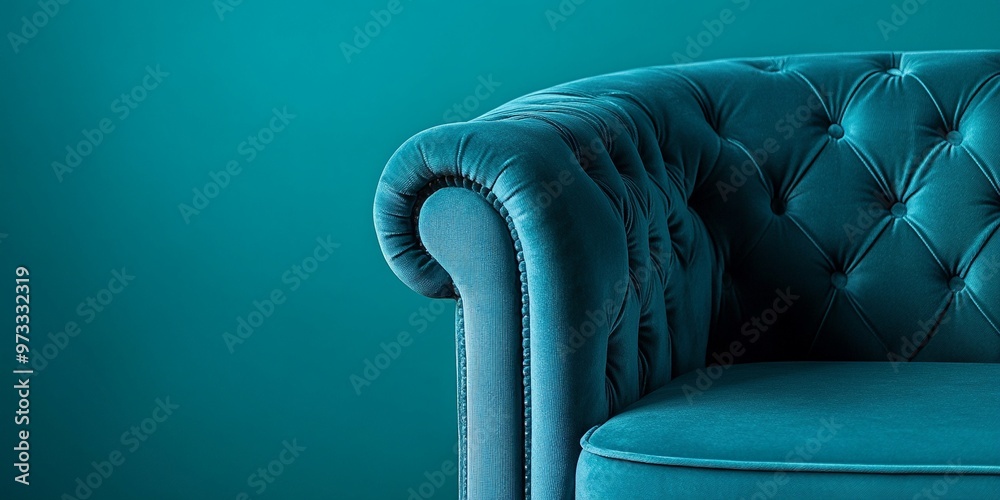 Obraz premium Close-up of a modern luxury teal velvet armchair with tufted detailing against a matching teal background
