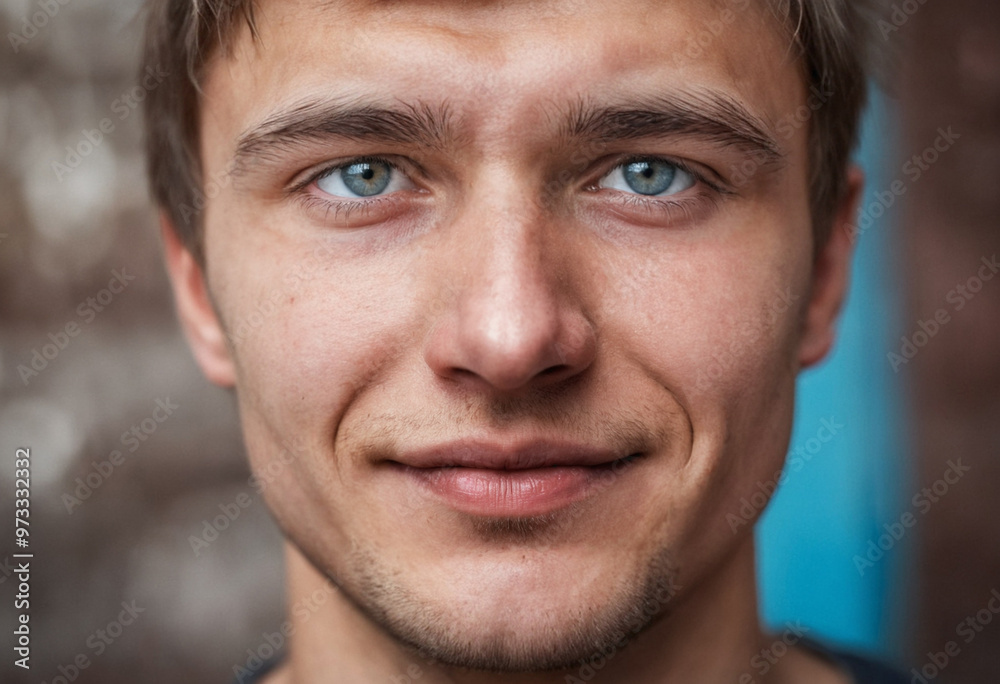 Fototapeta premium young man, close-up portrait, eyes, hopeful and positive excited nervous, age 18-30, growing up, daily routine in life, having a good time, satisfied and happy, caucasian, dreamy