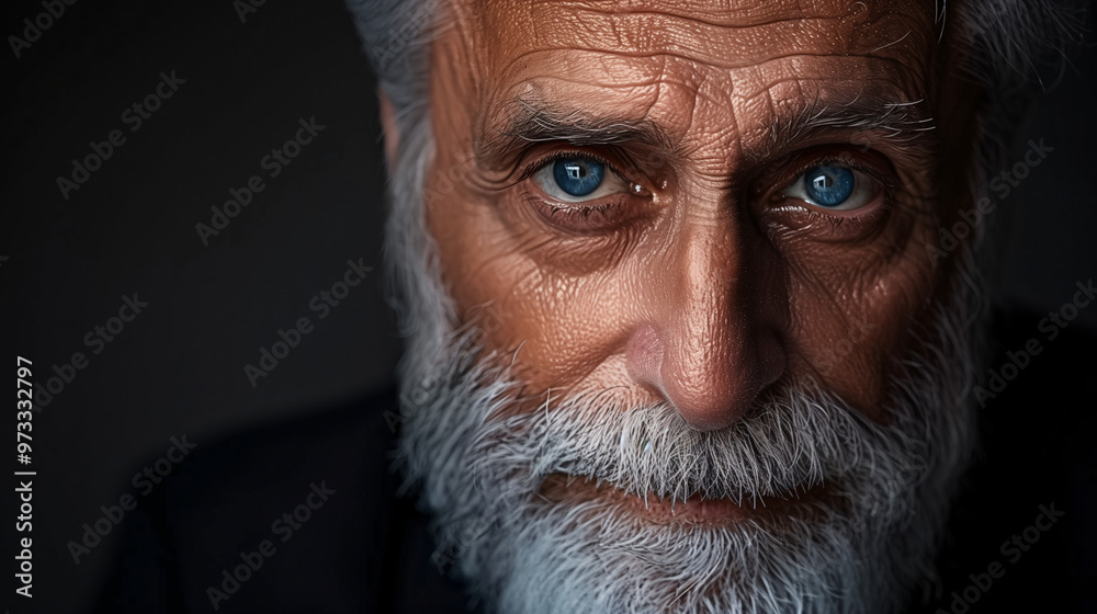 Close-Up Portrait of an Elderly Man with Piercing Blue Eyes and Gray Beard Close-Up Portrait of an Elderly Man with Piercing Blue Eyes and Gray Beard