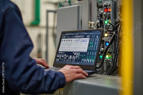 Engineer using a laptop to control a programmable logic controller in an industrial setting.