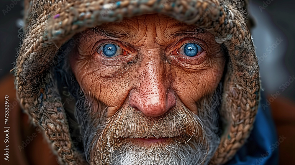Intense Close-Up Portrait of Elderly Man with Bright Blue Eyes in Winter Clothing Intense Close-Up Portrait of Elderly Man with Bright Blue Eyes in Winter Clothing