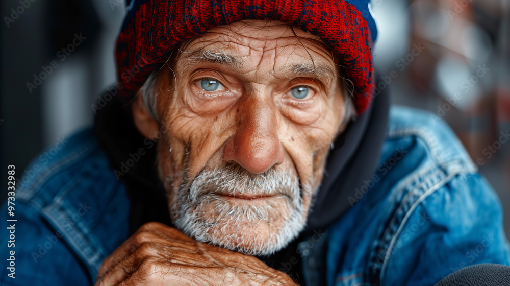 Intense Close-Up Portrait of Elderly Man with Bright Blue Eyes in Winter Clothing Intense Close-Up Portrait of Elderly Man with Bright Blue Eyes in Winter Clothing