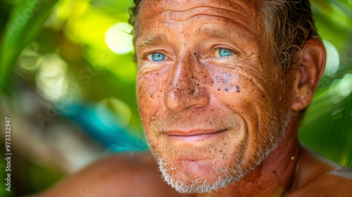 Portrait of a Sun-Kissed Man with Freckles and Blue Eyes Outdoors