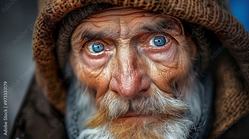 Intense Close-Up Portrait of Elderly Man with Bright Blue Eyes in Winter Clothing Intense Close-Up Portrait of Elderly Man with Bright Blue Eyes in Winter Clothing