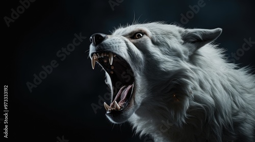 The wolf growls menacingly with its teeth wide open. A wild animal in its natural habitat before attacking its prey. Illustration for cover, card, postcard, interior design, decor or print. photo