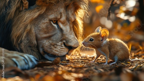 A lion and a mouse are gazing intently at one another in curiosity