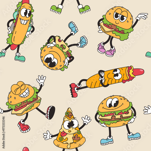 Seamless pattern groovy vintage characters. Fast food. Burger, hot dog, pizza. Vector cartoon illustration in retro style