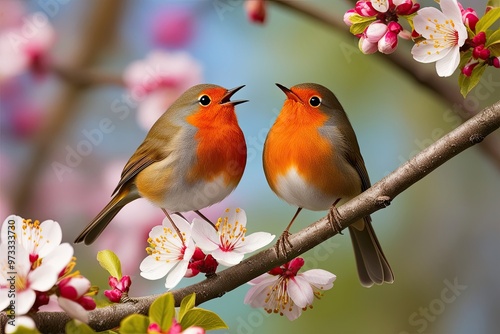 Robins Singing on a Flowering Tree Branch Beautiful Spring Decor for a Cheerful Atmosphere photo