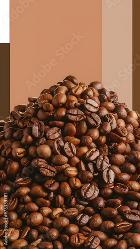 Close up view of heap of aromatic roasted coffee beans photo