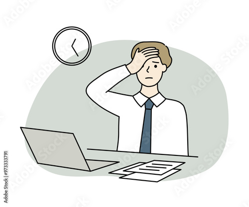 Depressed businessman working late at night in office, feeling tired and sleepy. Business, overwork, burnout, mental health concept. Hand drawn character vector design isolated illustration.