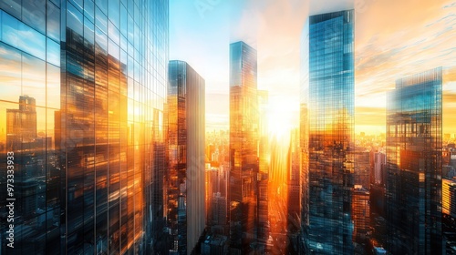 Futuristic skyline of modern skyscrapers in a smart city with warm sun rays highlighting the buildings.