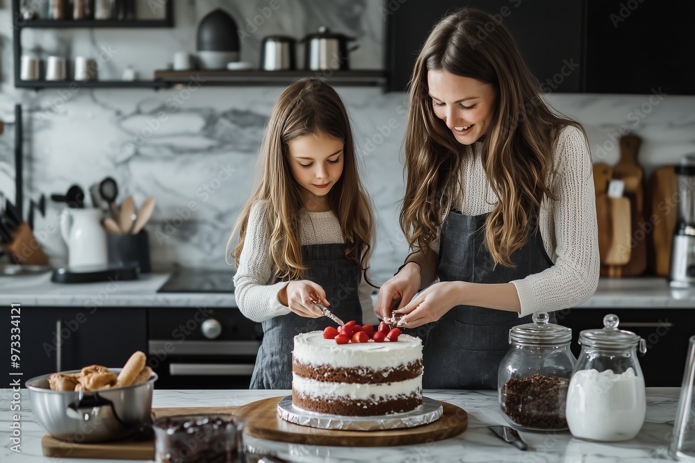 Mother and child daughter preparing a cake together in the kitchen, concept of family bonding, shared activities, and quality time spent together through baking. Mother and child daughter preparing a cake together in the kitchen, concept of family bonding, shared activities, and quality time spent together through baking.