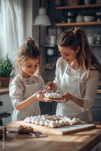 Mother and child daughter preparing a cake together in the kitchen, concept of family bonding, shared activities, and quality time spent together through baking.
