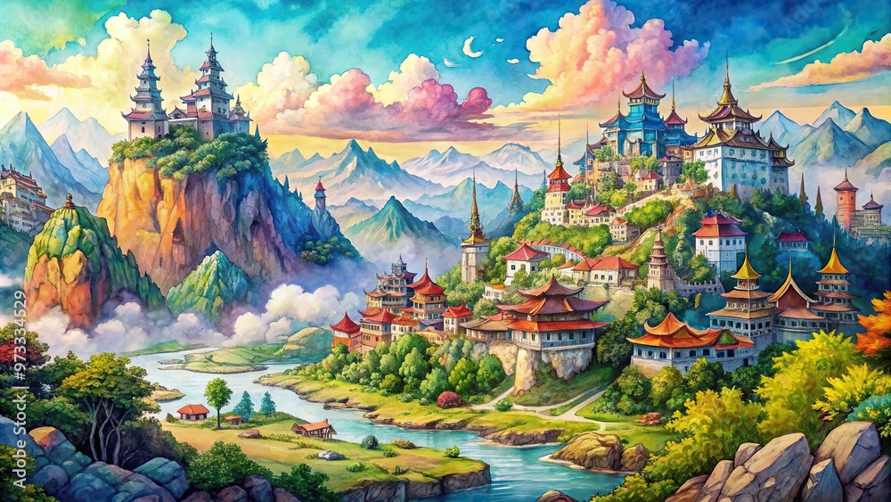 Obraz premium A breathtaking panoramic illustration created with a magnificent blend of watercolor and pen and ink showcasing an imagined landscape filled with vibrant hues and intricate details, colorful
