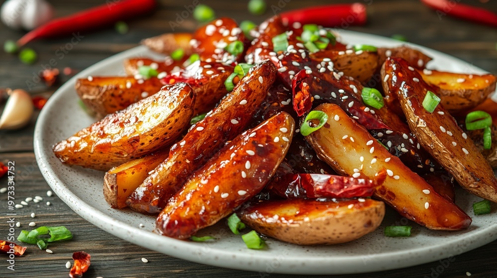 image of honey chilli potatoes with sesame seeds and chopped green onions image of honey chilli potatoes with sesame seeds and chopped green onions