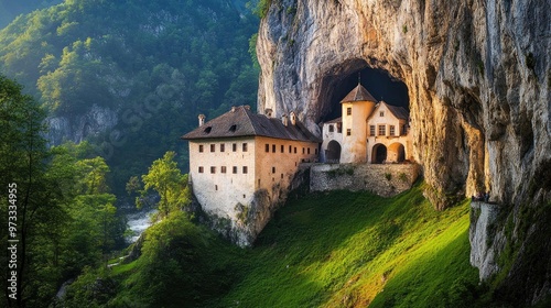 A historic castle nestled within a cave in a lush green mountainside.