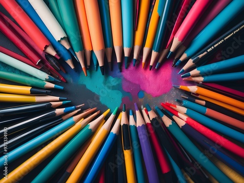 creative explosion of multicolored pencils arranged in a circular burst pattern with splashes of blue and pink paint for a dynamic and artistic composition