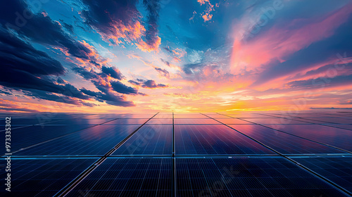 Panoramic view of a solar panel against a dramatic sunset sky, with the blue sky transitioning to warm sunset colors, capturing the essence of clean energy and natural power, detailed and vibrant