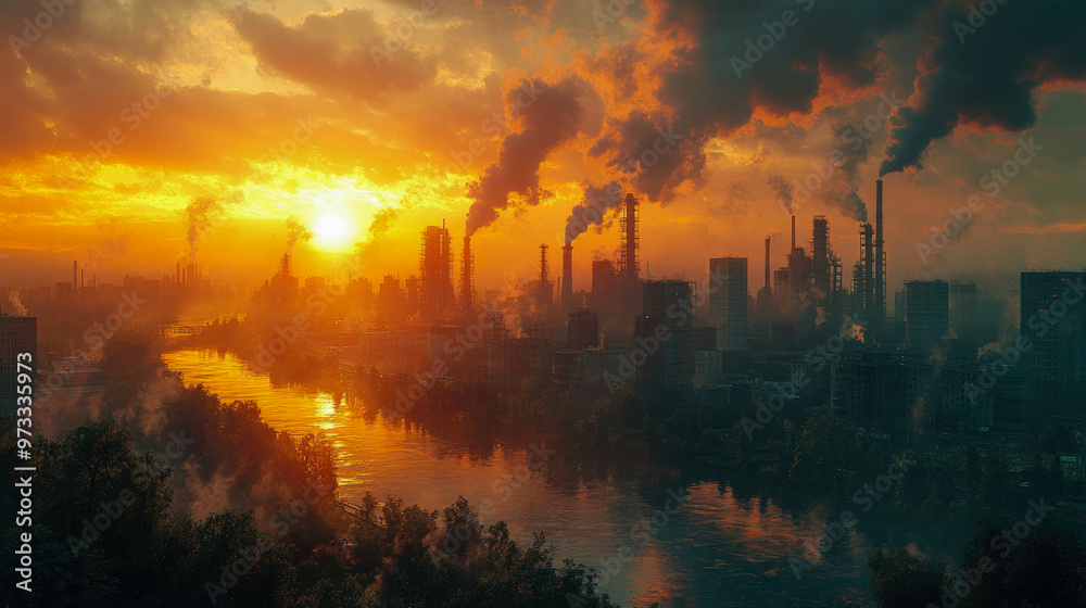 A city skyline with factories emitting smoke at sunset, showcasing industrialization and environmental impact A city skyline with factories emitting smoke at sunset, showcasing industrialization and environmental impact