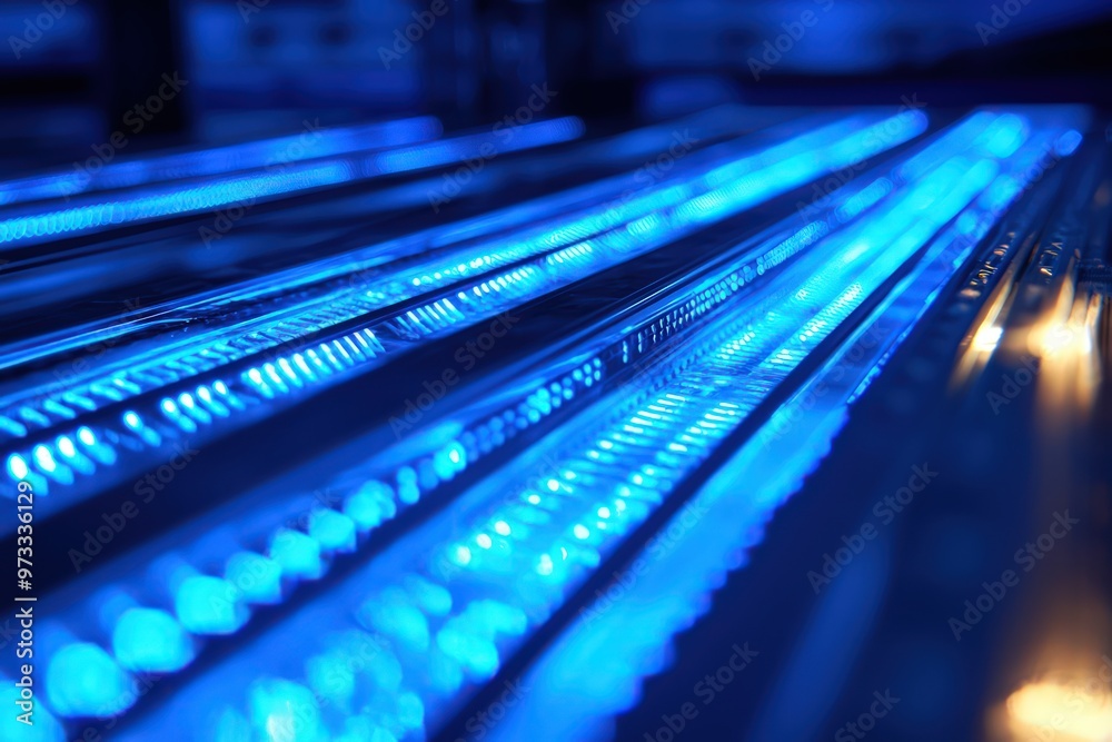 Macro photo of blue neon-lit blade servers in a data center, with space for text. Macro photo of blue neon-lit blade servers in a data center, with space for text.