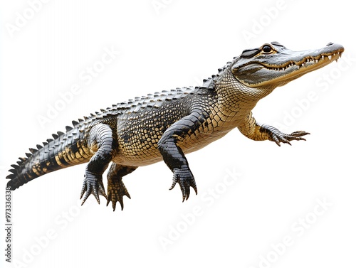 A close-up of a crocodile with its mouth open, showing its teeth, isolated on a white background.