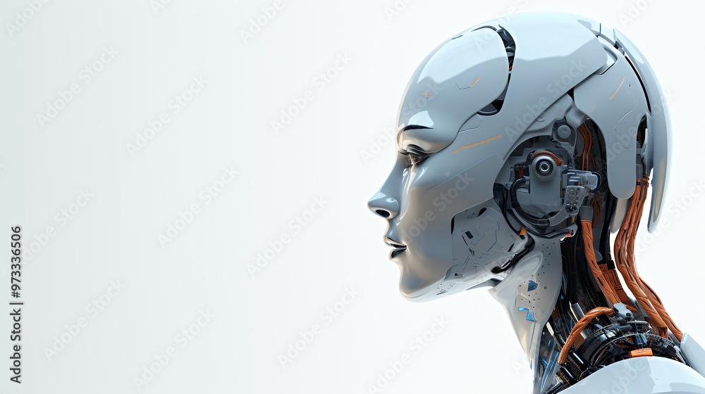 Closeup of a robotic head with exposed circuitry.