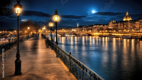 Glowing lights line a minimalist street in big city, drawing the eye toward the moon as dusk settles, highlighting serene ambiance and delicate shadows