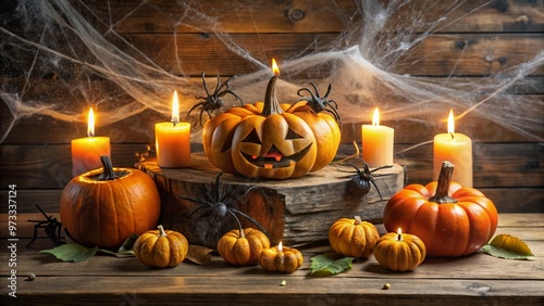 Spooky candlelit pumpkin centerpiece with DIY decorations, cobwebs, and fake spiders on a rustic wooden table, perfect for a frugal and frightful Halloween celebration. photo