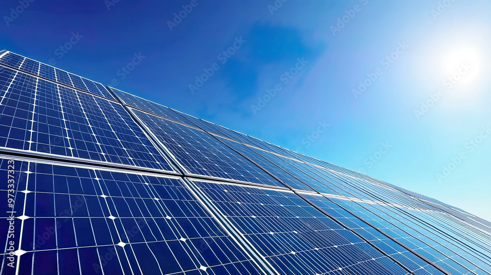 Photorealistic view of solar panels reflecting sunlight, with a clear blue sky in the background, crisp shadows and sharp details on the panels, natural lighting, clean energy theme Photorealistic view of solar panels reflecting sunlight, with a clear blue sky in the background, crisp shadows and sharp details on the panels, natural lighting, clean energy theme