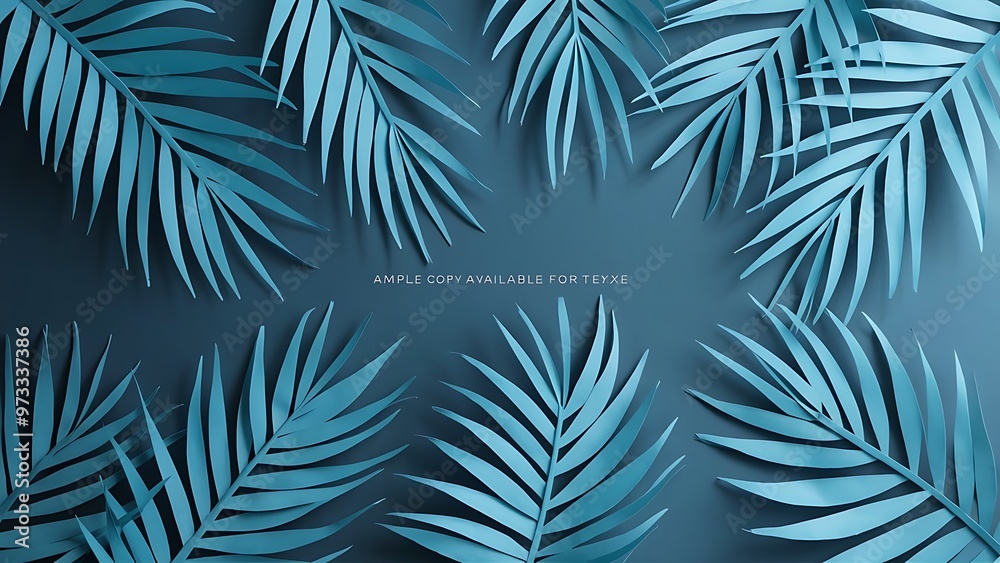 Top view of blue minimalistic paper cut palm leaves on blue background with copy space, panoramic shot Top view of blue minimalistic paper cut palm leaves on blue background with copy space, panoramic shot