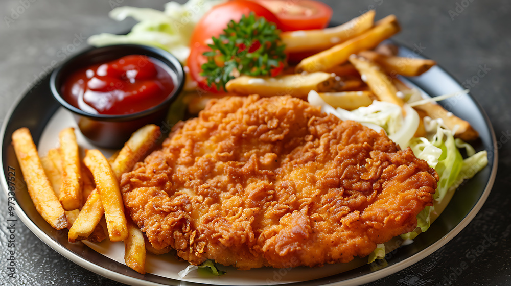 a delicious meal featuring a breaded fried chicken cutlet, a serving of French fries, and a side salad with lettuce and a slice of tomato a delicious meal featuring a breaded fried chicken cutlet, a serving of French fries, and a side salad with lettuce and a slice of tomato