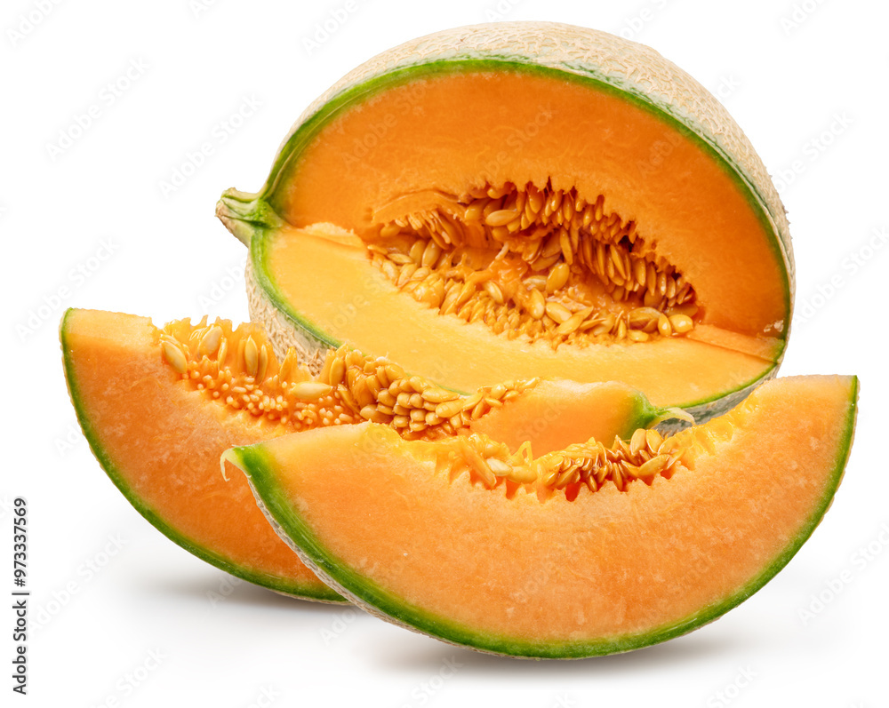 Cantaloupe melon with melon slices isolated on white background. File contains clipping path. Cantaloupe melon with melon slices isolated on white background. File contains clipping path.