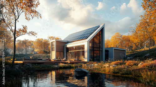 Side-angle shot of a modern home with solar panels on the gable roof, natural light casting reflections, crisp details of the roof and surrounding landscape, ultra-realistic scene