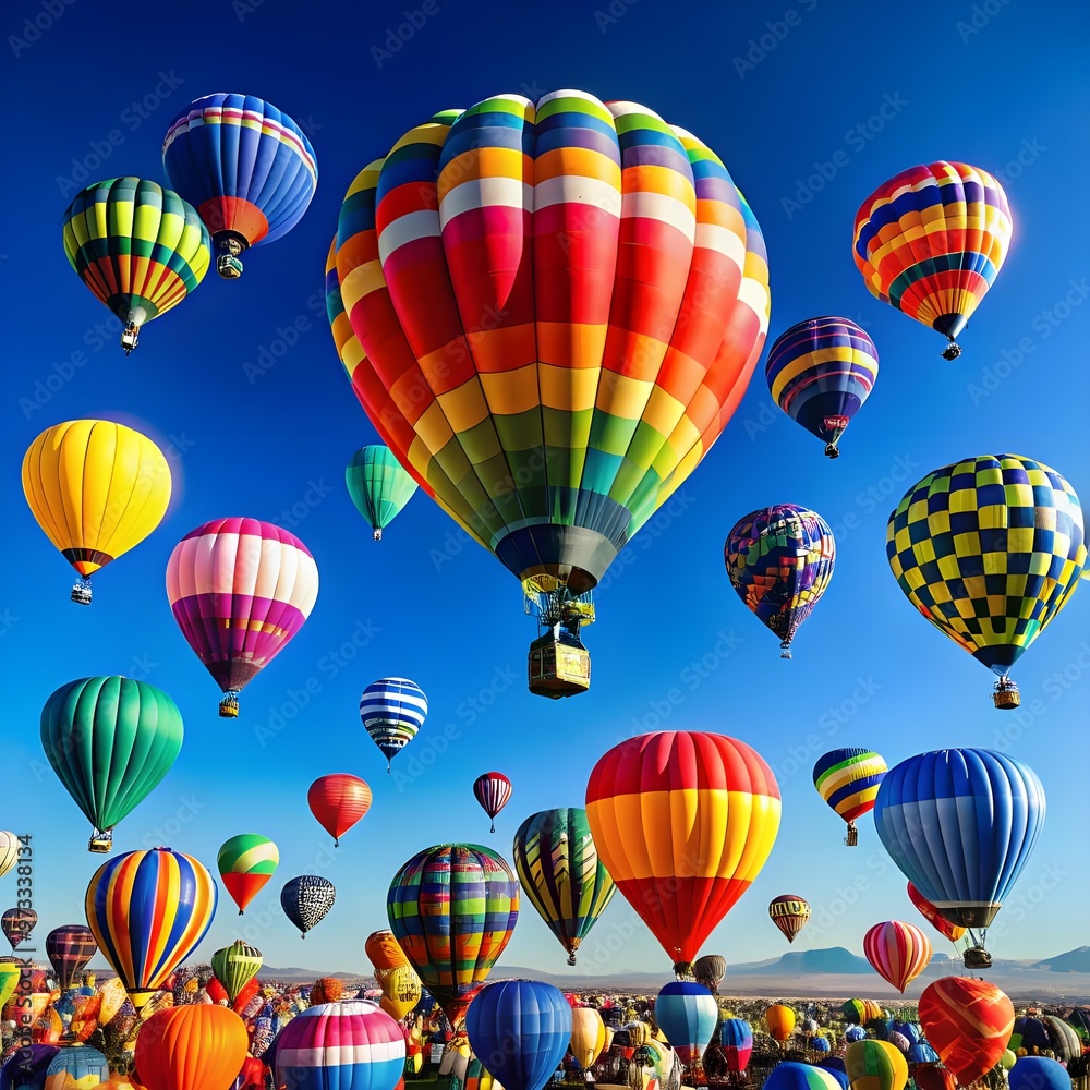 Colorful hot air balloons rising in the sky during a bright, sunny day, capturing outdoor adventure, travel, and the joy of exploration Colorful hot air balloons rising in the sky during a bright, sunny day, capturing outdoor adventure, travel, and the joy of exploration