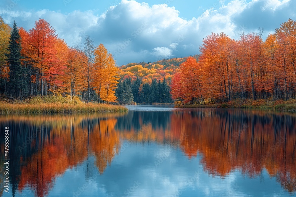 Obraz premium Reflections of autumn trees in a crystal-clear lake
