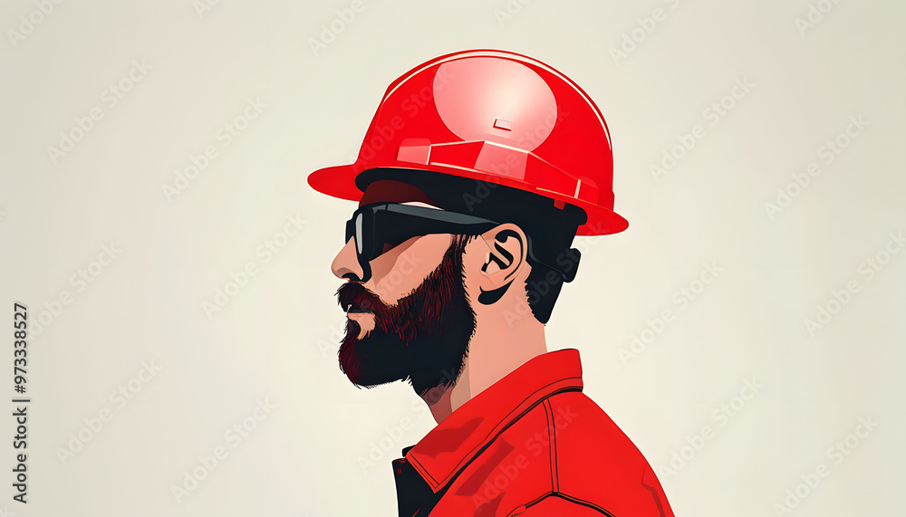 Obraz premium Construction Worker in Red Hard Hat and Sunglasses Profile Portrait
