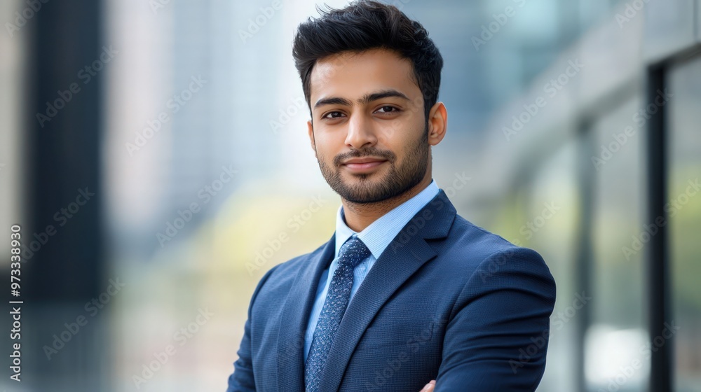 Portrait of a confident young Indian businessman in an urban setting, exuding professionalism and success.