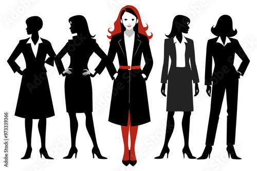 full body 5 business women casual black silhouette vector illustration. separate image and different style with Coat And Tie on white background