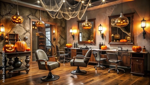 Spooky Halloween-themed beauty salon decor featuring cobwebs, cauldrons, and jack-o'-lanterns amidst elegant hairstyling stations and mirrors, evoking a hauntingly beautiful atmosphere. photo