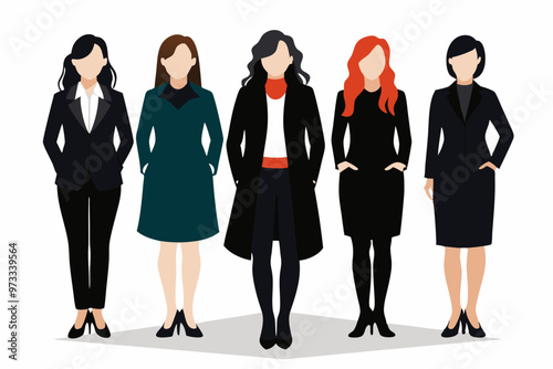 full body 5 business women casual black silhouette vector illustration. separate image and different style with Coat And Tie on white background