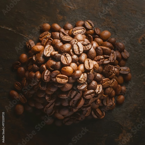 Close up view of heap of aromatic roasted coffee beans photo