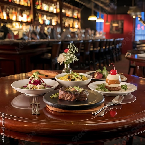 Top of Wooden Table with Blurred Bar Interior restaurant Background