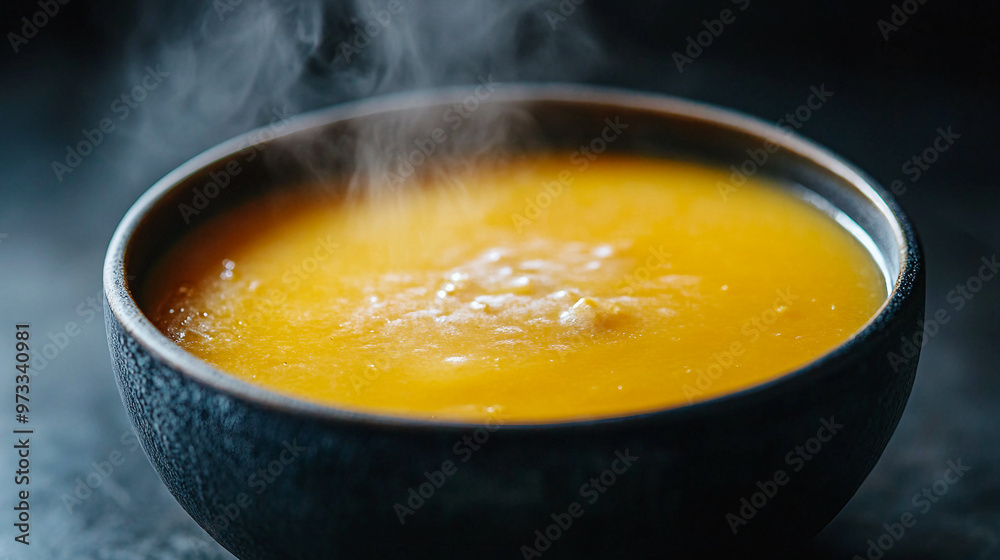 Warm and comforting bowl of creamy pumpkin soup in a dark setting during autumn evening Warm and comforting bowl of creamy pumpkin soup in a dark setting during autumn evening