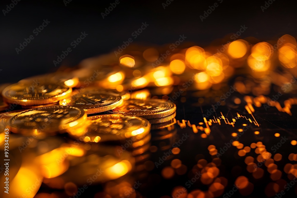 Detailed, high-quality image of Bitcoin and other gold coins, contrasted against a dark, blurred stock chart, 