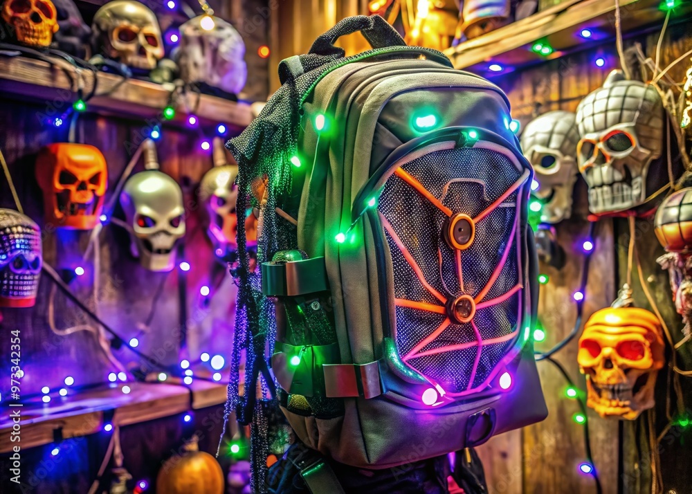Obraz premium Spooky season display features a futuristic backpack with flashing lights and wires, surrounded by cobwebs, skulls, and