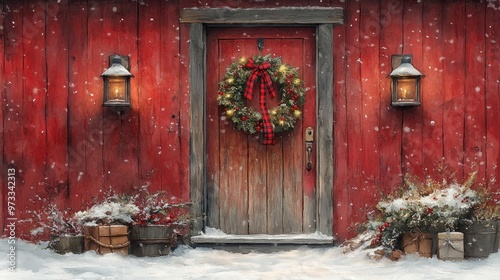 Red barn door decorated for christmas with snow falling gently
