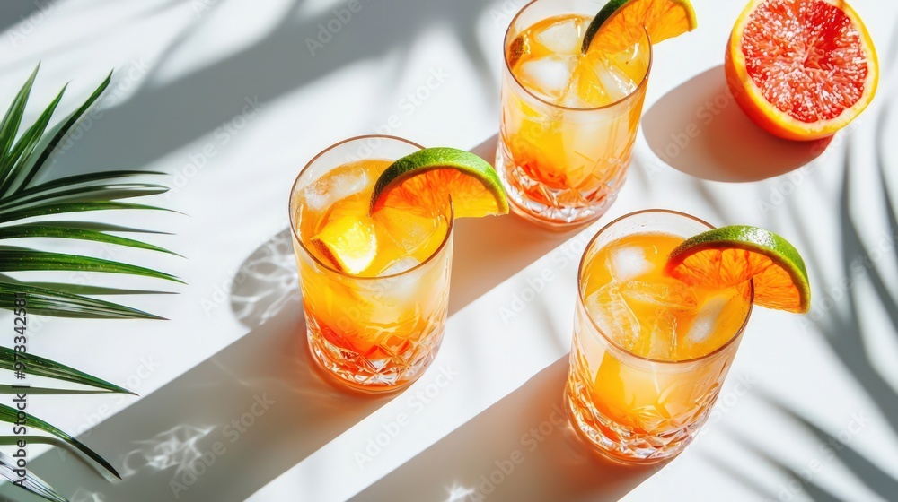 Summer orange cocktails with citrus fruits on a white background, adorned with trendy palm leaf shadows. Summer orange cocktails with citrus fruits on a white background, adorned with trendy palm leaf shadows.