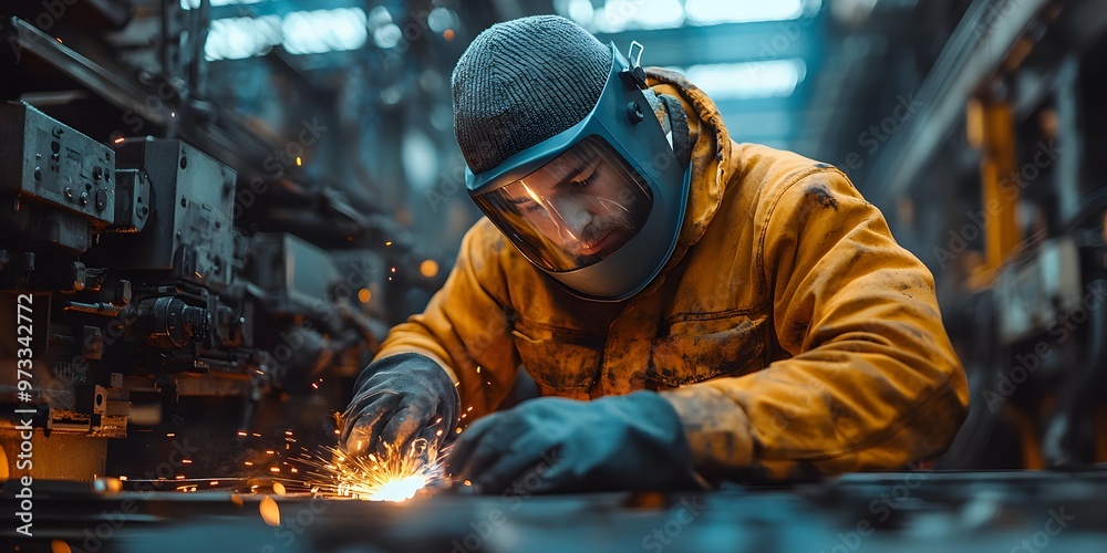 A person in protective welding gear meticulously joins metal parts, with bright sparks illuminating the area